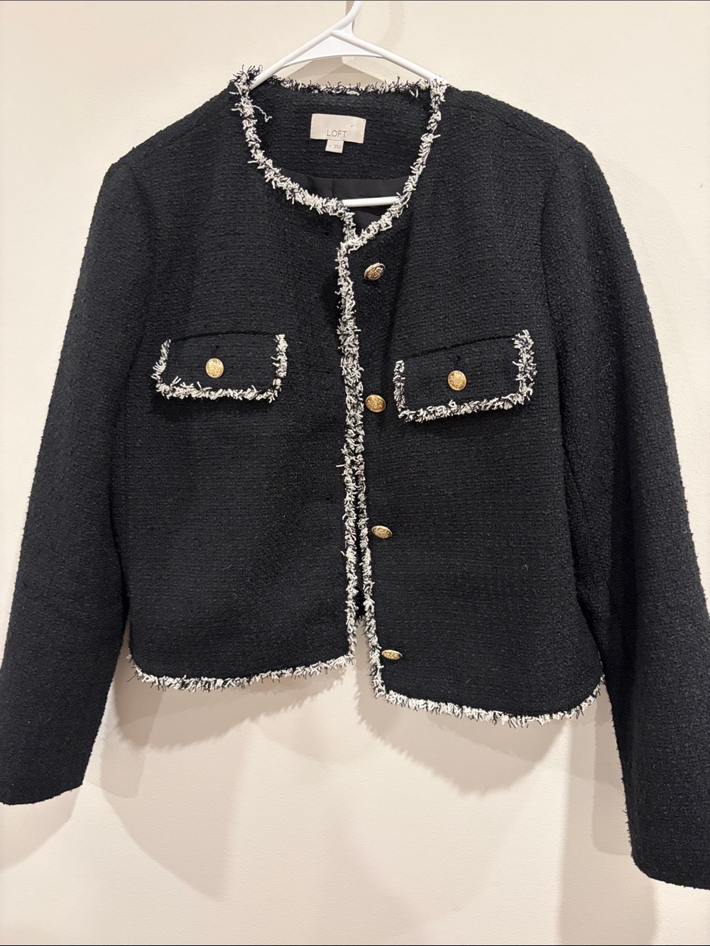 LOFT Black Tweed Jacket with White Fringe and Gold Buttons